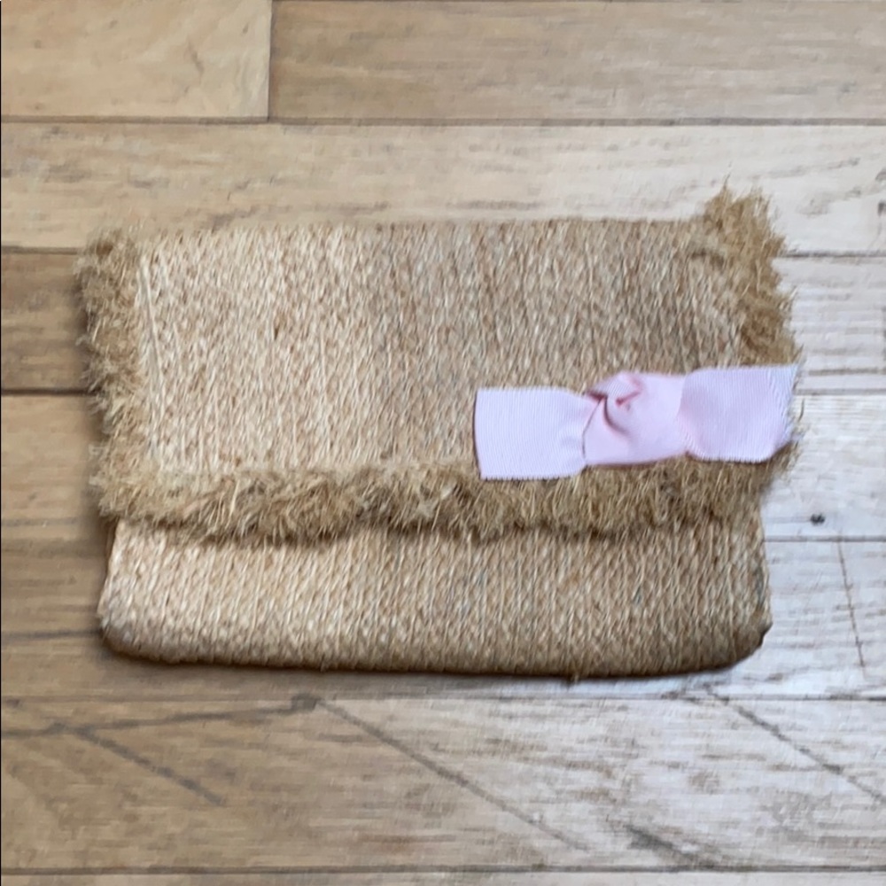 Bujibaja straw raffia clutch with pink ribbon